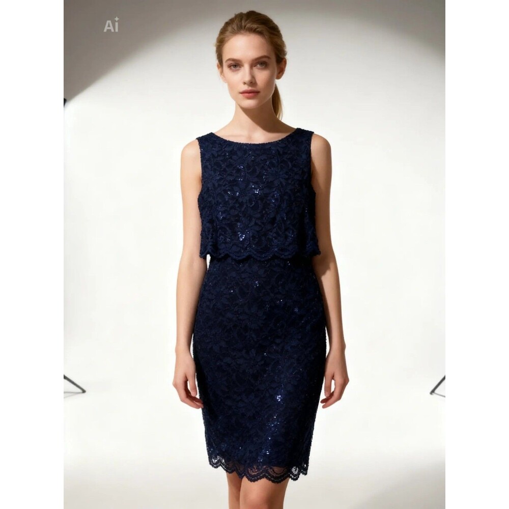 ONYX Nite Navy Lace Floral Sequin Scoop Neck Sleeveless Sheath Knee Dress 6P